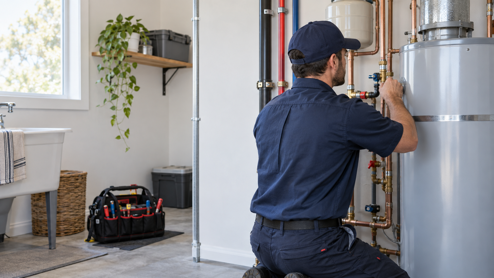 Plumbing technician inspecting visible pipes and a water heater