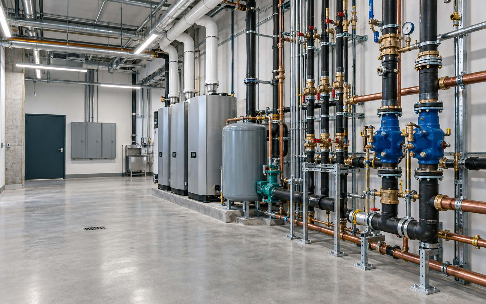 Organized commercial plumbing and water-heating equipment in a mechanical room