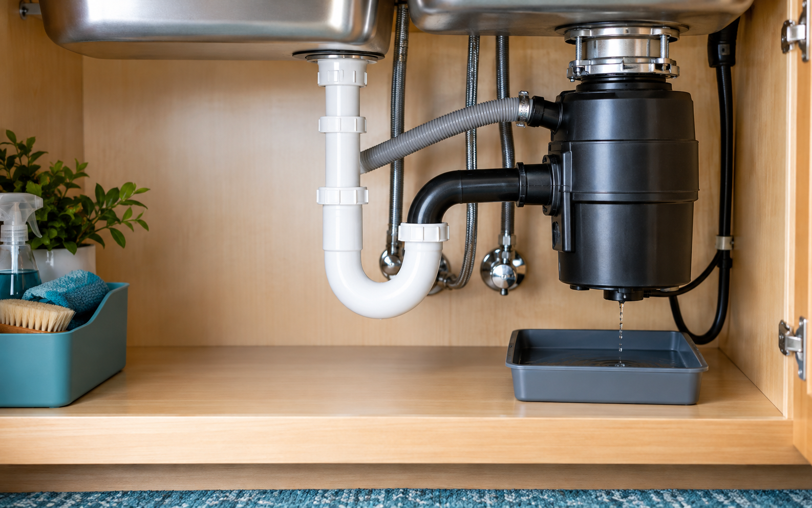 Garbage disposal, trap, and dishwasher connection beneath a kitchen sink