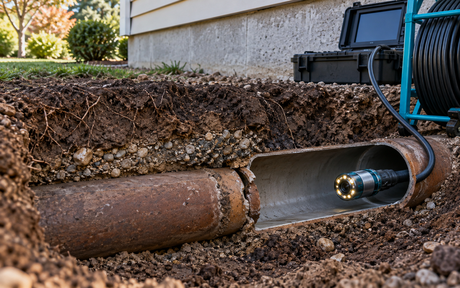 Camera inspecting a damaged underground sewer pipe beside a home