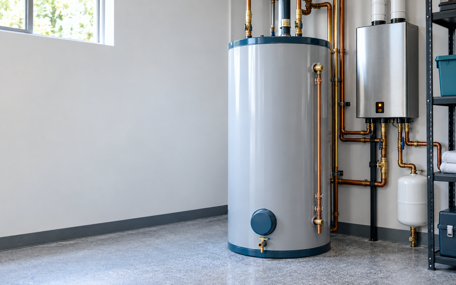 Tank and tankless water heating equipment in a clean utility room